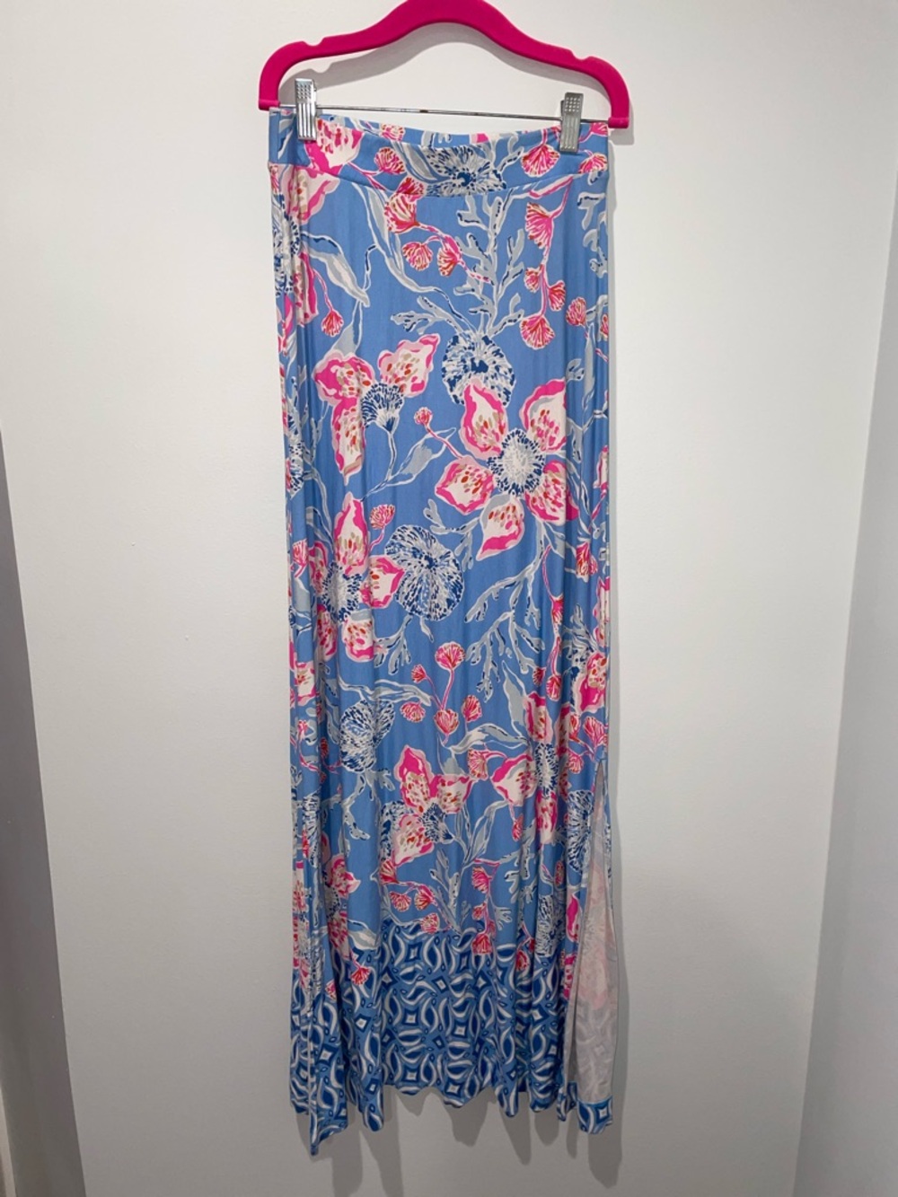 Lilly Pulitzer Floral Blue Maxi Skirt with Pink Accents